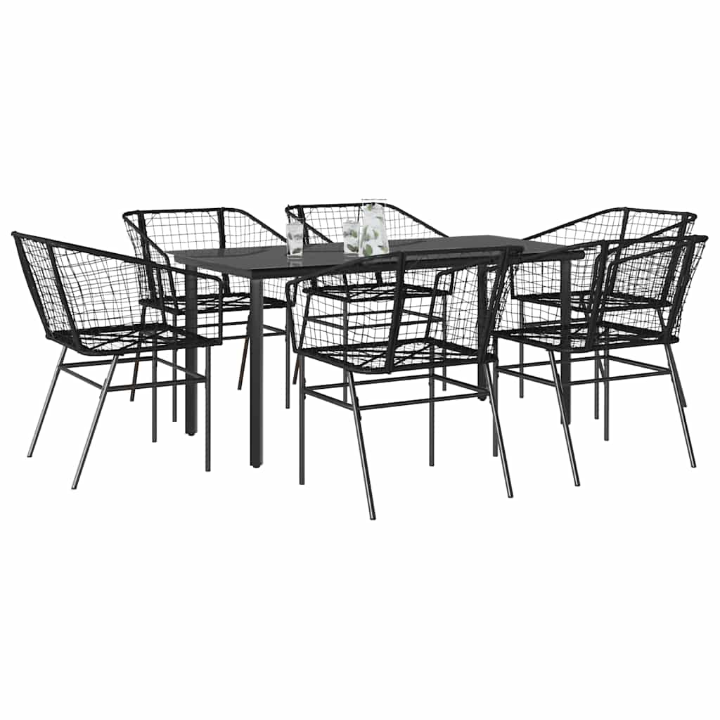 7 Piece Garden Dining Set Black Poly Rattan Glass