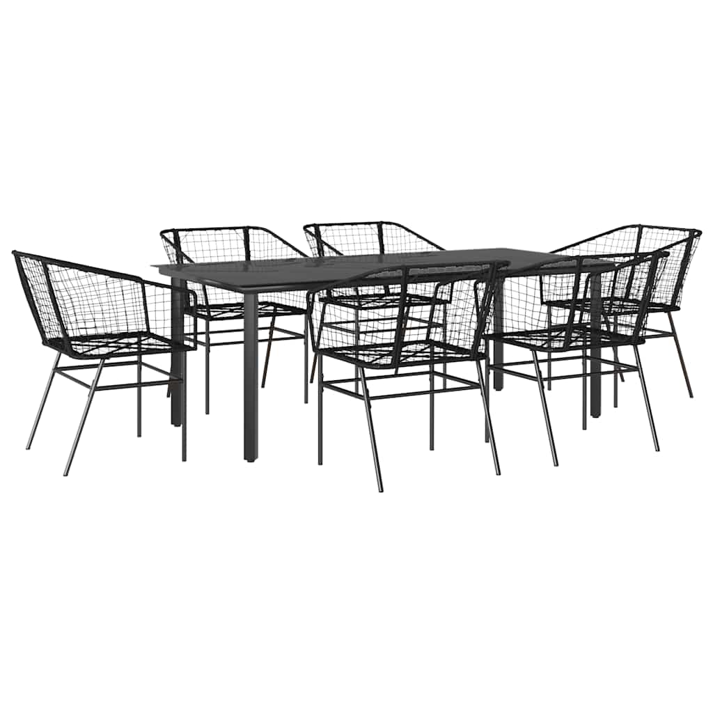 7 Piece Garden Dining Set Black Poly Rattan Glass