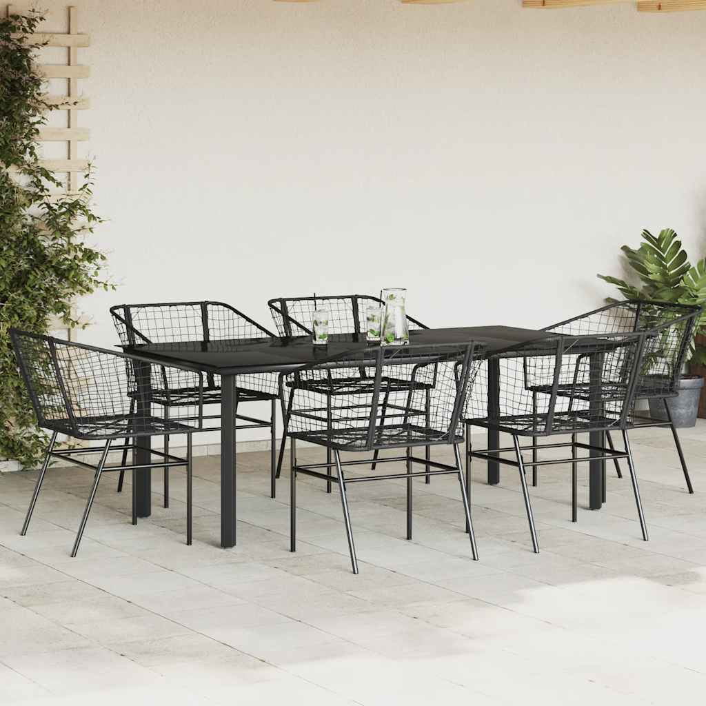 7 Piece Garden Dining Set Black Poly Rattan Glass