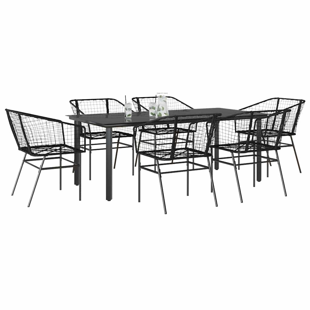 7 Piece Garden Dining Set Black Poly Rattan Glass