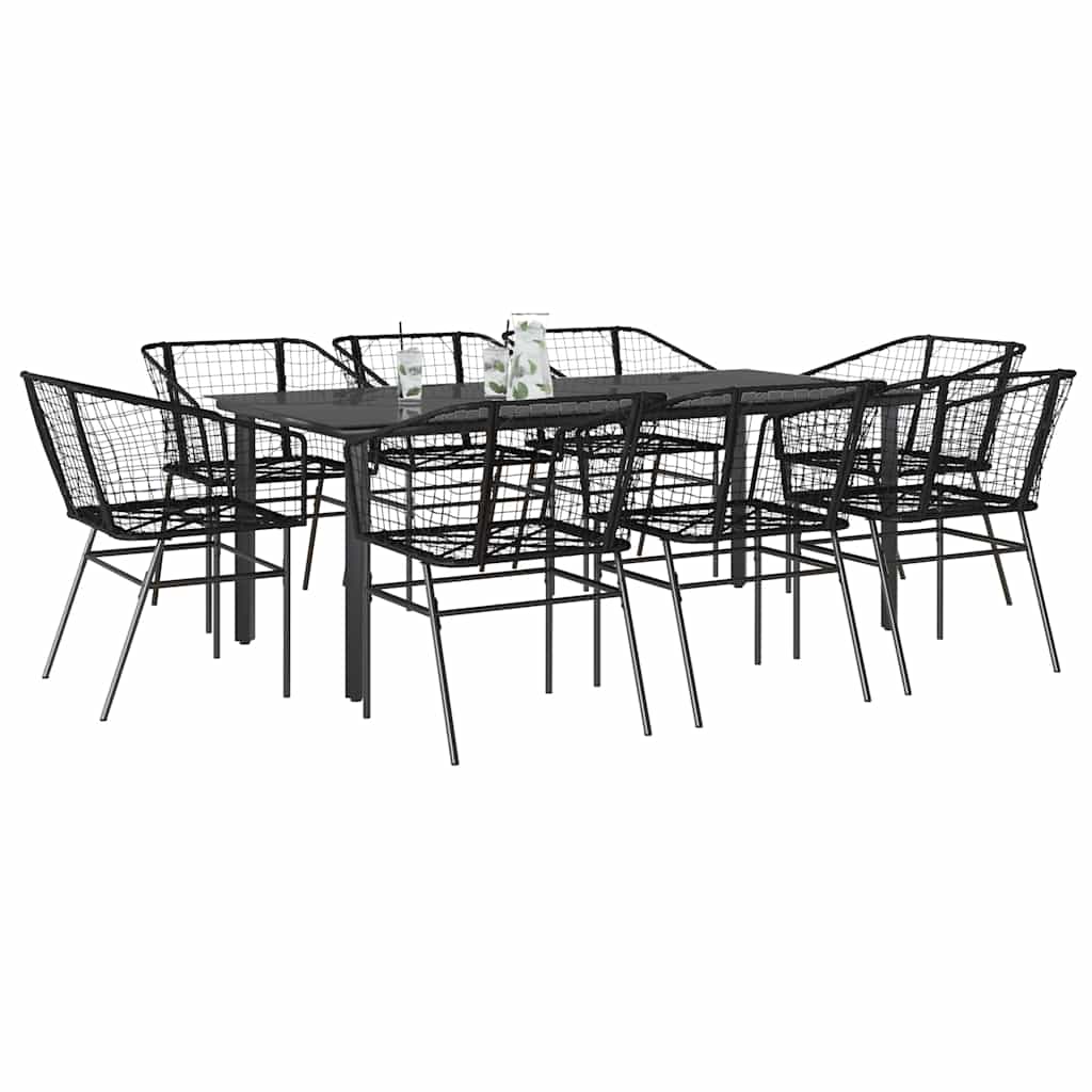 9 Piece Garden Dining Set Black Poly Rattan Glass