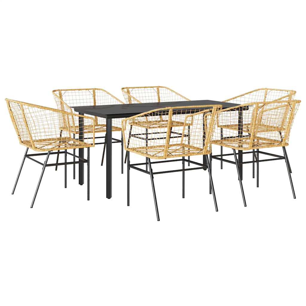 7 Piece Garden Dining Set Brown Poly Rattan Glass