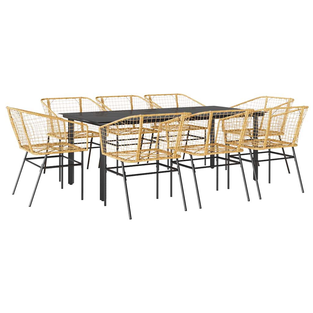 9 Piece Garden Dining Set Brown Poly Rattan Glass