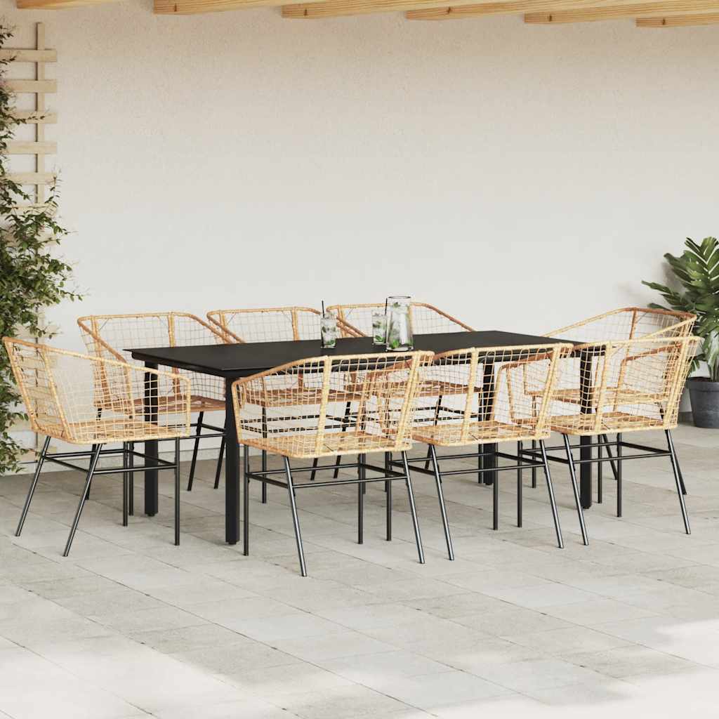 9 Piece Garden Dining Set Brown Poly Rattan Glass
