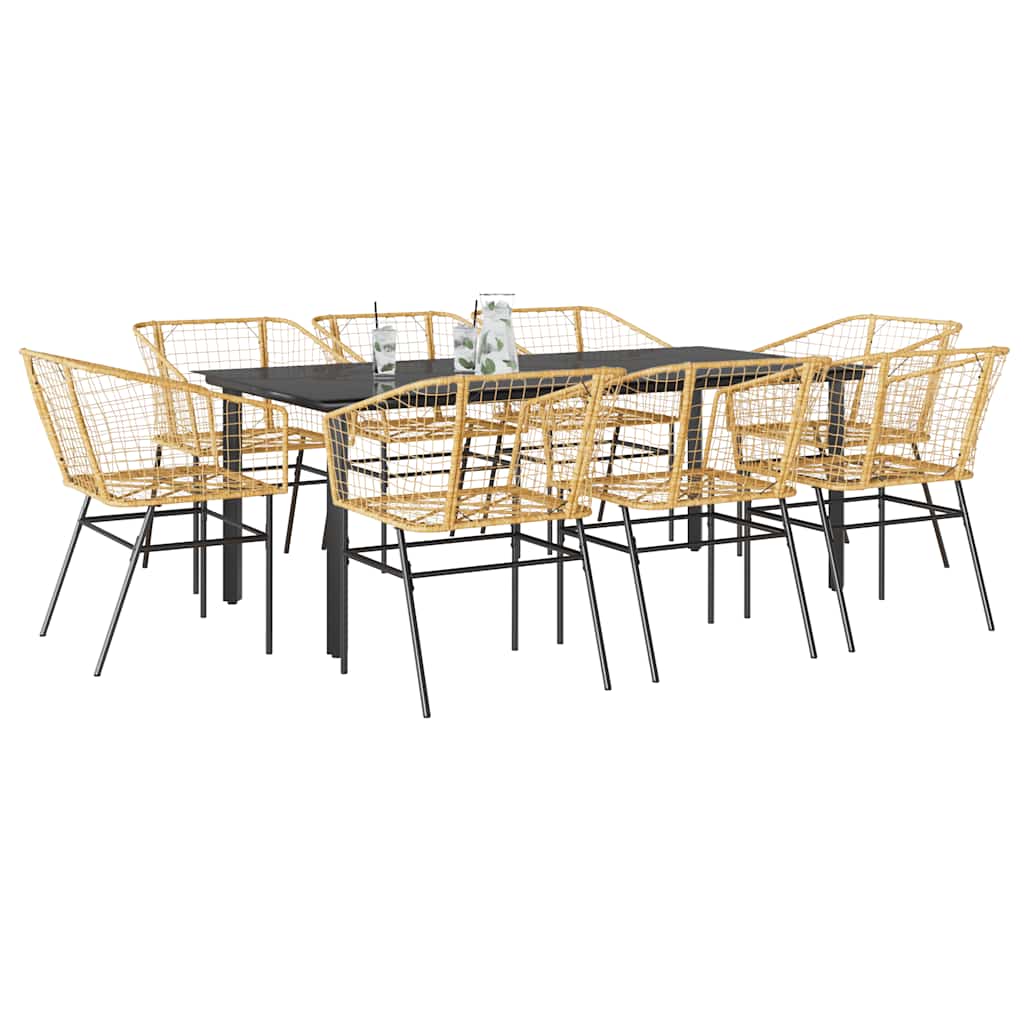 9 Piece Garden Dining Set Brown Poly Rattan Glass
