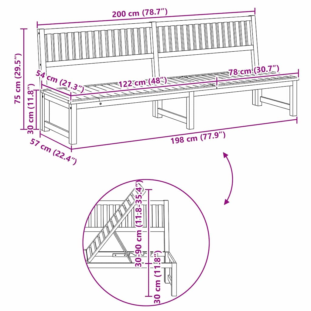 Sun Lounger Reclining Brown 200 x 57 x 75cm Solid Acacia wood