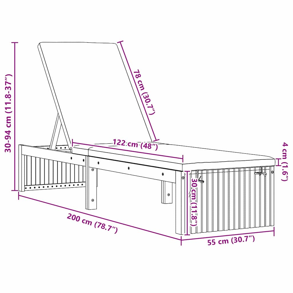 Sun Lounger Reclining Brown 200 x 55 x 94cm Solid Acacia wood