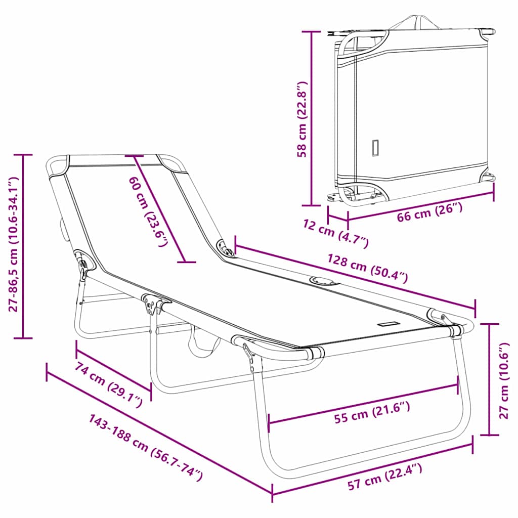 Folding Sun Lounger Folding Grey 56 x 189 x 87cm Fabric