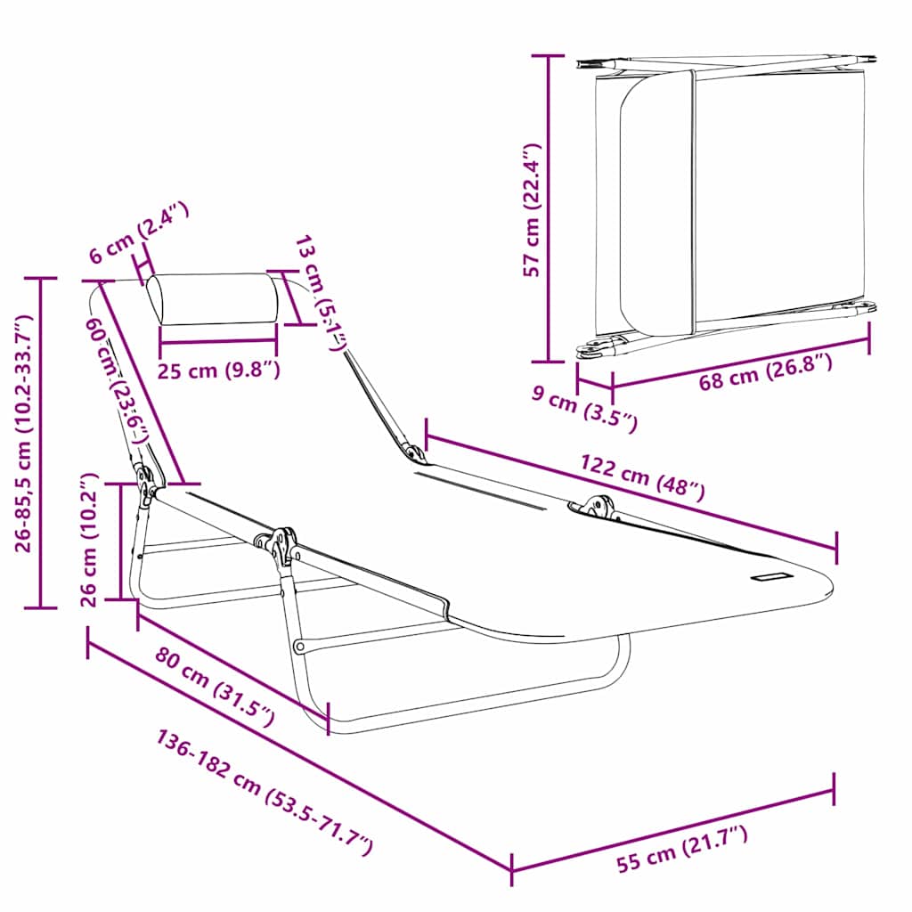 Folding Sun Lounger Folding Black 182 x 55 x 85.5cm Textilene