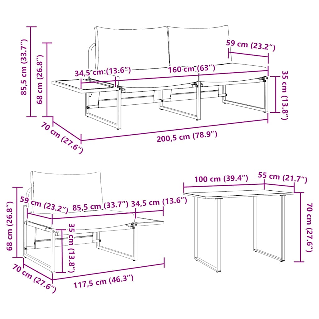 Garden Dining Set 3 pcs Light grey Steel