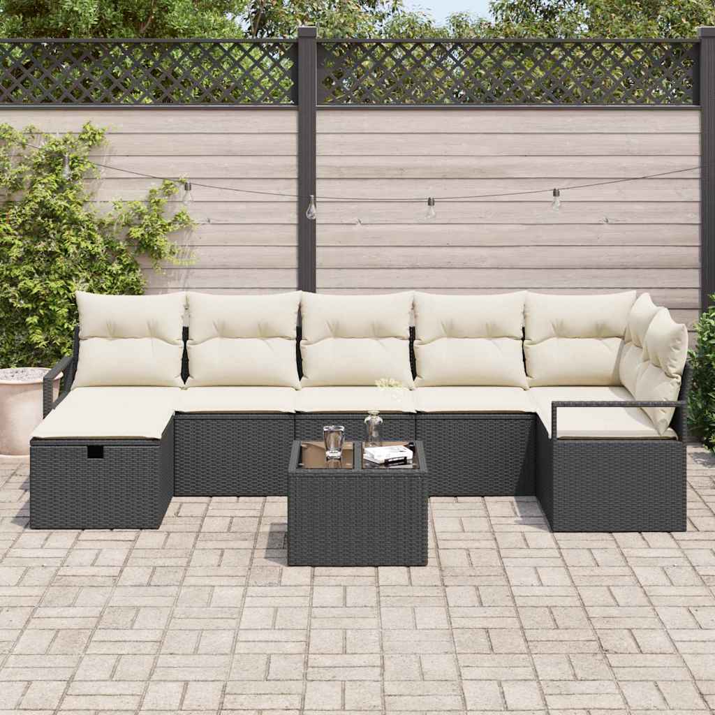 Sofa Set with Cushion Manual 8 pcs Black and Cream Poly Rattan