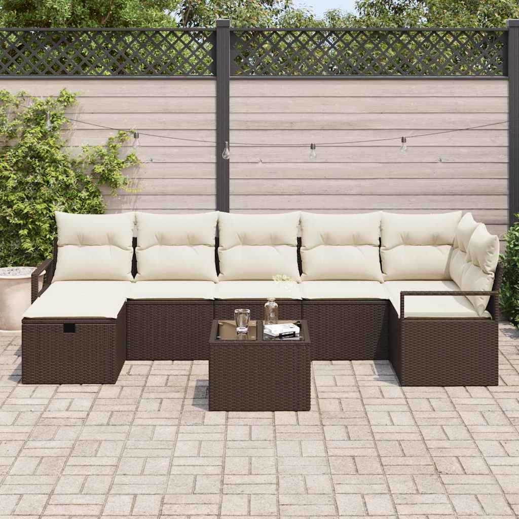 Sofa Set with Cushion Manual 8 pcs Brown and Cream Poly Rattan
