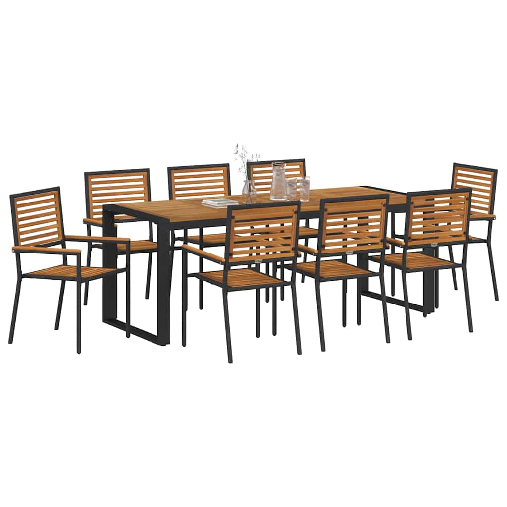 Garden Dining Set 9 pcs Black and Wood Poly Rattan