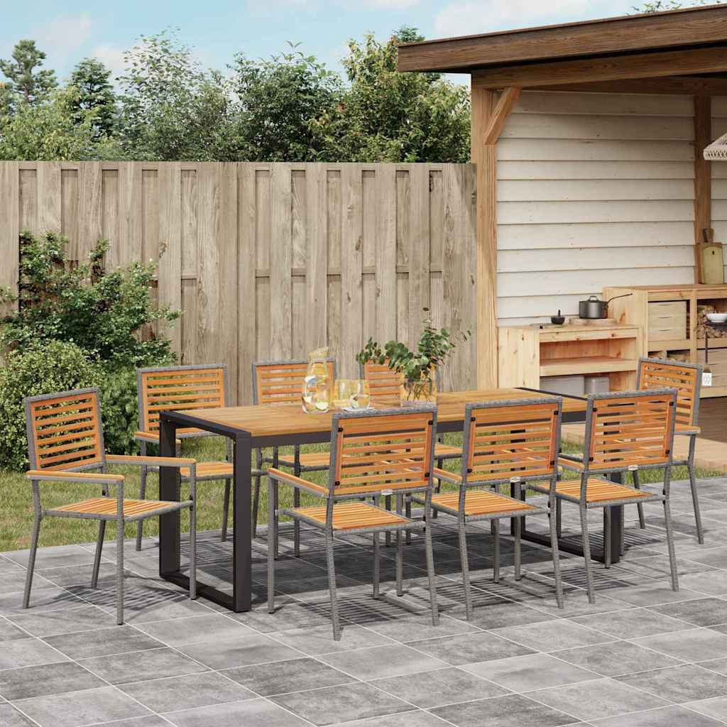 Garden Dining Set 9 pcs Grey and Wood Poly Rattan