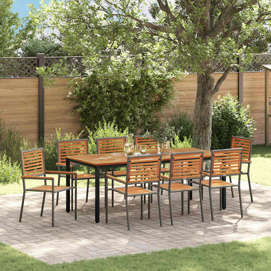 Garden Dining Set 9 pcs Grey and Natural Teak Poly Rattan