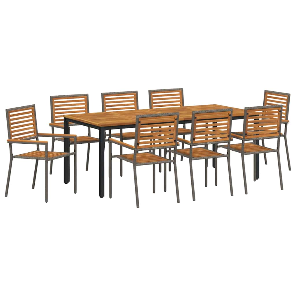 Garden Dining Set 9 pcs Grey and Natural Teak Poly Rattan