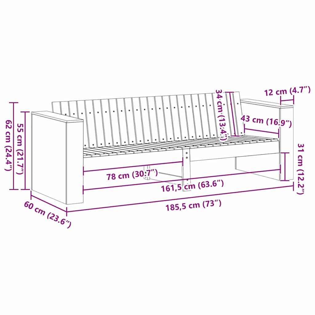 Garden Sofa Natural 185.5 x 60 x 62 cm Solid Pine Wood