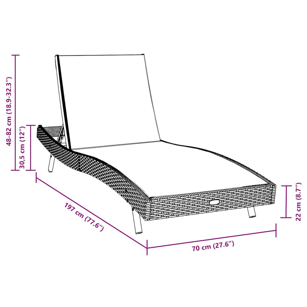 Sunlounger Black 70 x 197 x 82 cm Poly Rattan and Metal