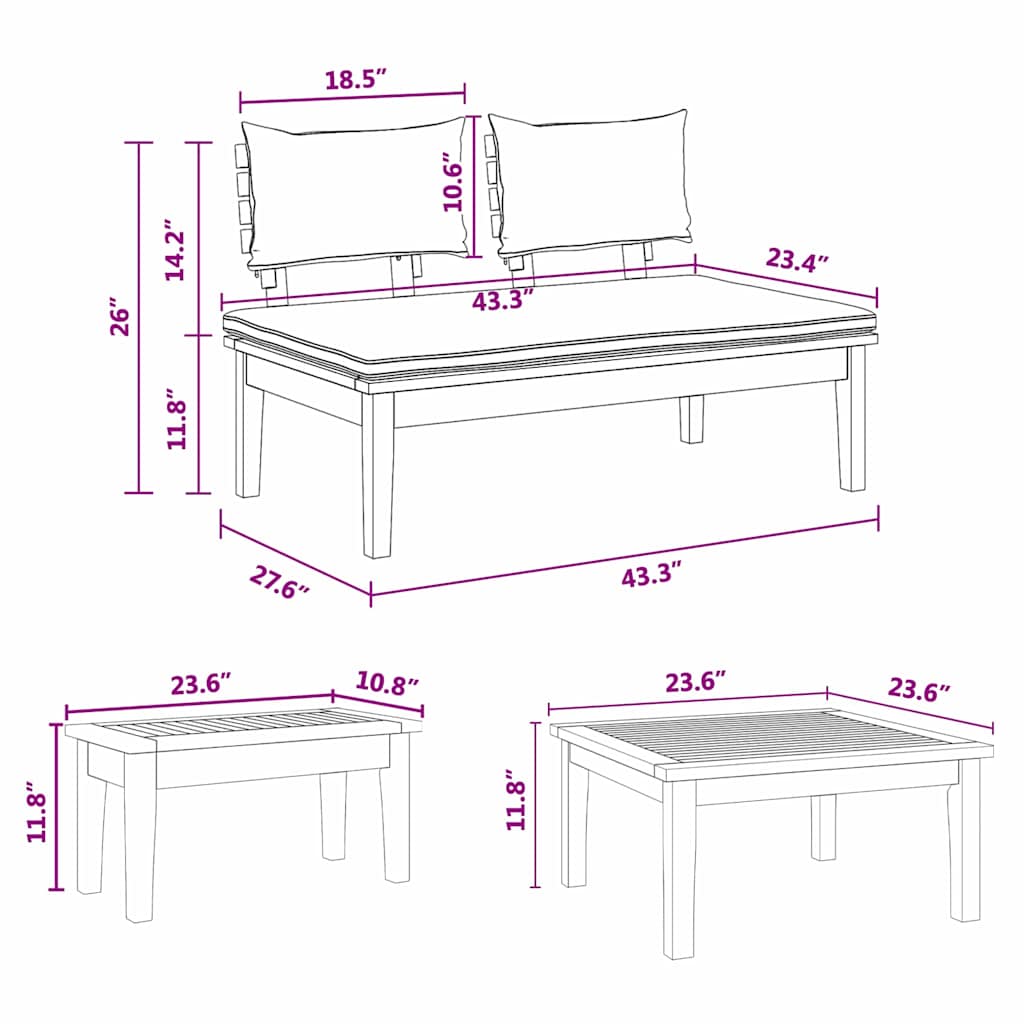 Garden Bench Set with Cushion 3 pcs Brown and Cream