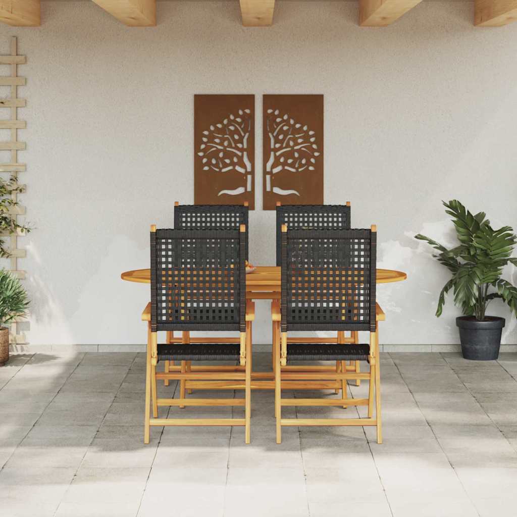 Garden Dining Set 5 pcs Black Solid acacia wood and poly rattan