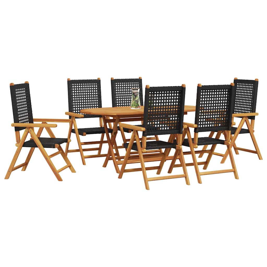 Garden Dining Set 7 pcs Black Solid acacia wood and poly rattan
