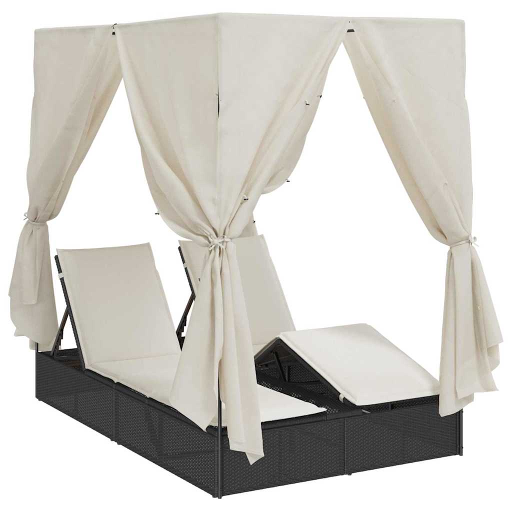 Double Sun Lounger with Roof Black 205 x 129 x 200 cm PE rattan