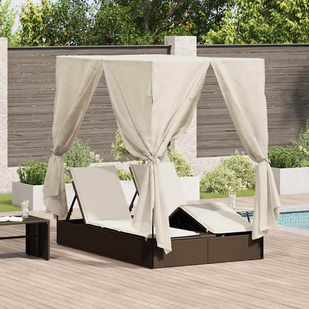 Double Sun Lounger with Roof Brown 205 x 129 x 200 cm PE rattan