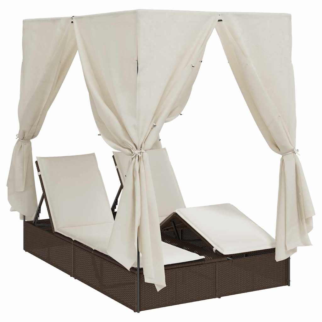 Double Sun Lounger with Roof Brown 205 x 129 x 200 cm PE rattan