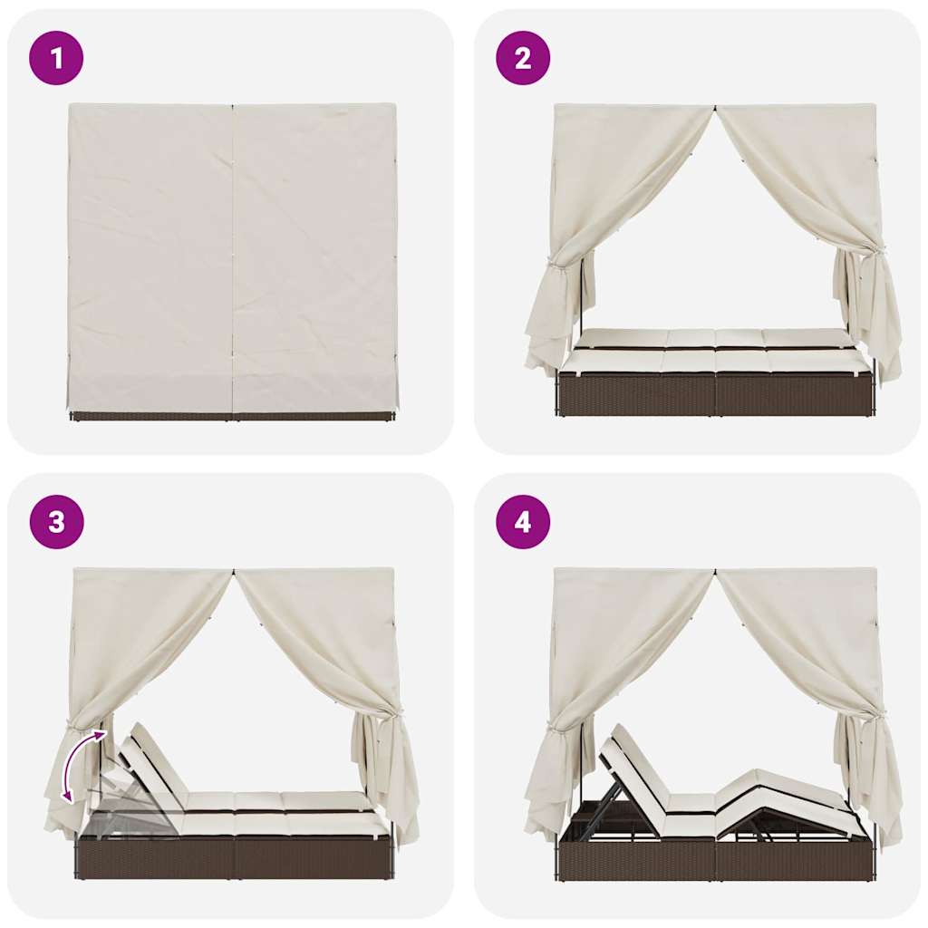 Double Sun Lounger with Roof Brown 205 x 129 x 200 cm PE rattan