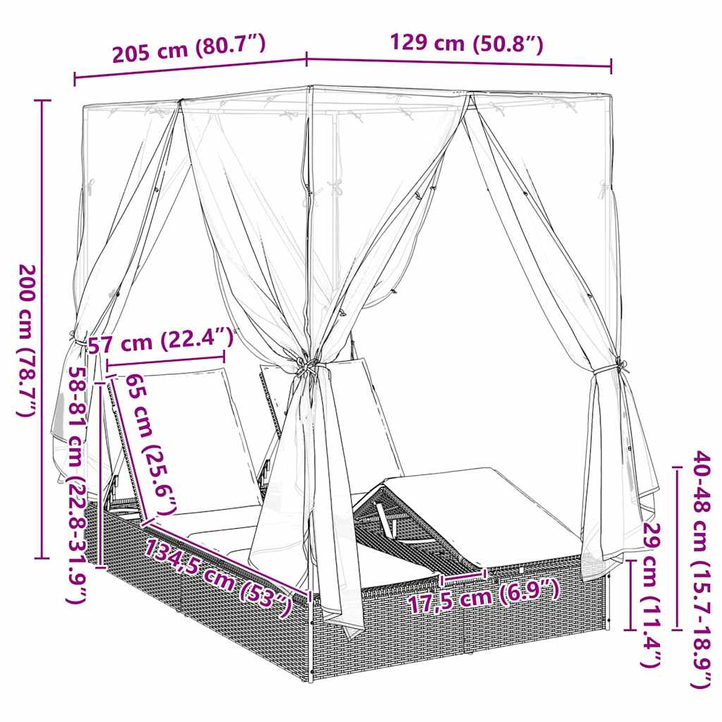 Double Sun Lounger with Roof Brown 205 x 129 x 200 cm PE rattan