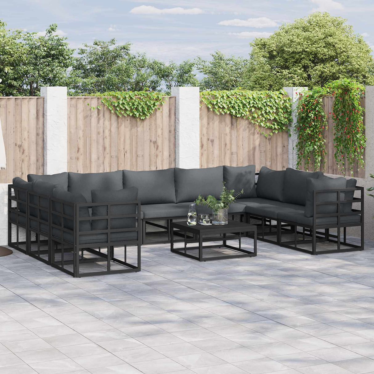 Garden Sofa Set with Cushion 10 pcs Black Aluminium