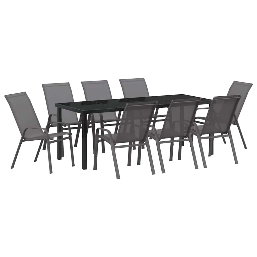 Garden Dining Set 9 pcs Grey and Black Powder-coated Steel