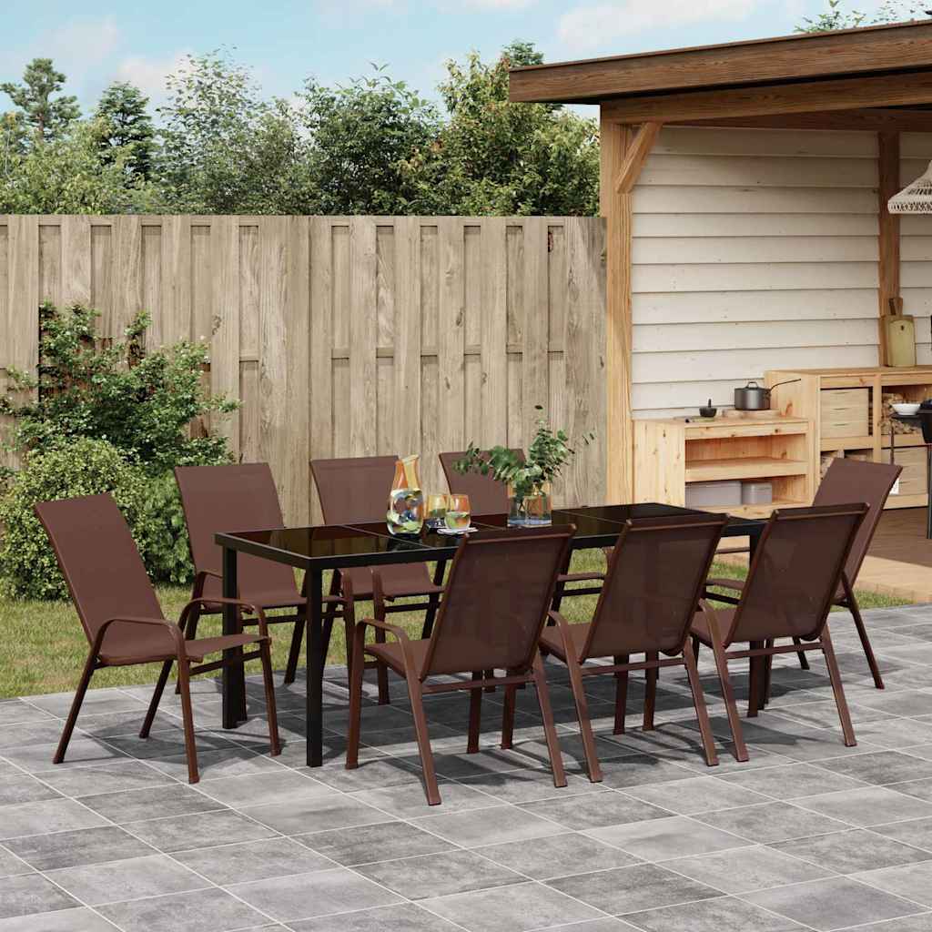 Garden Dining Set 9 pcs Brown and Black Powder-coated Steel