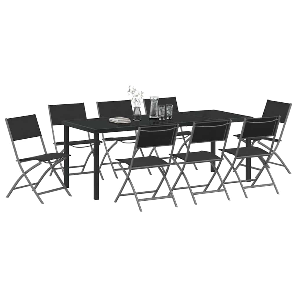 Garden Dining Set Folding 9 pcs Black Powder-Coated Steel
