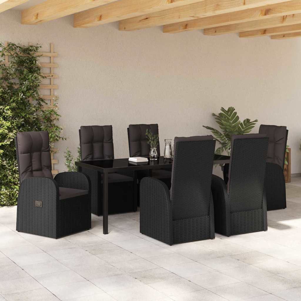 Garden Dining Set with Cushion 7 pcs Black Poly Rattan