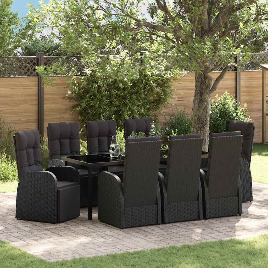 Garden Dining Set with Cushion 9 pcs Black Poly Rattan