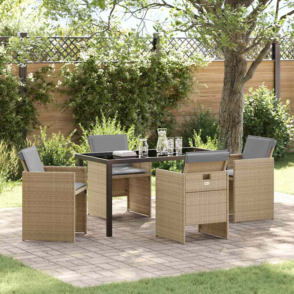 Garden Dining Set with Cushion Folding 5 pcs Beige Poly rattan