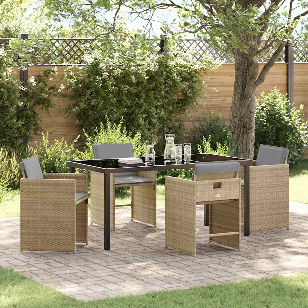 Garden Dining Set with Cushion Folding 5 pcs Beige Poly rattan