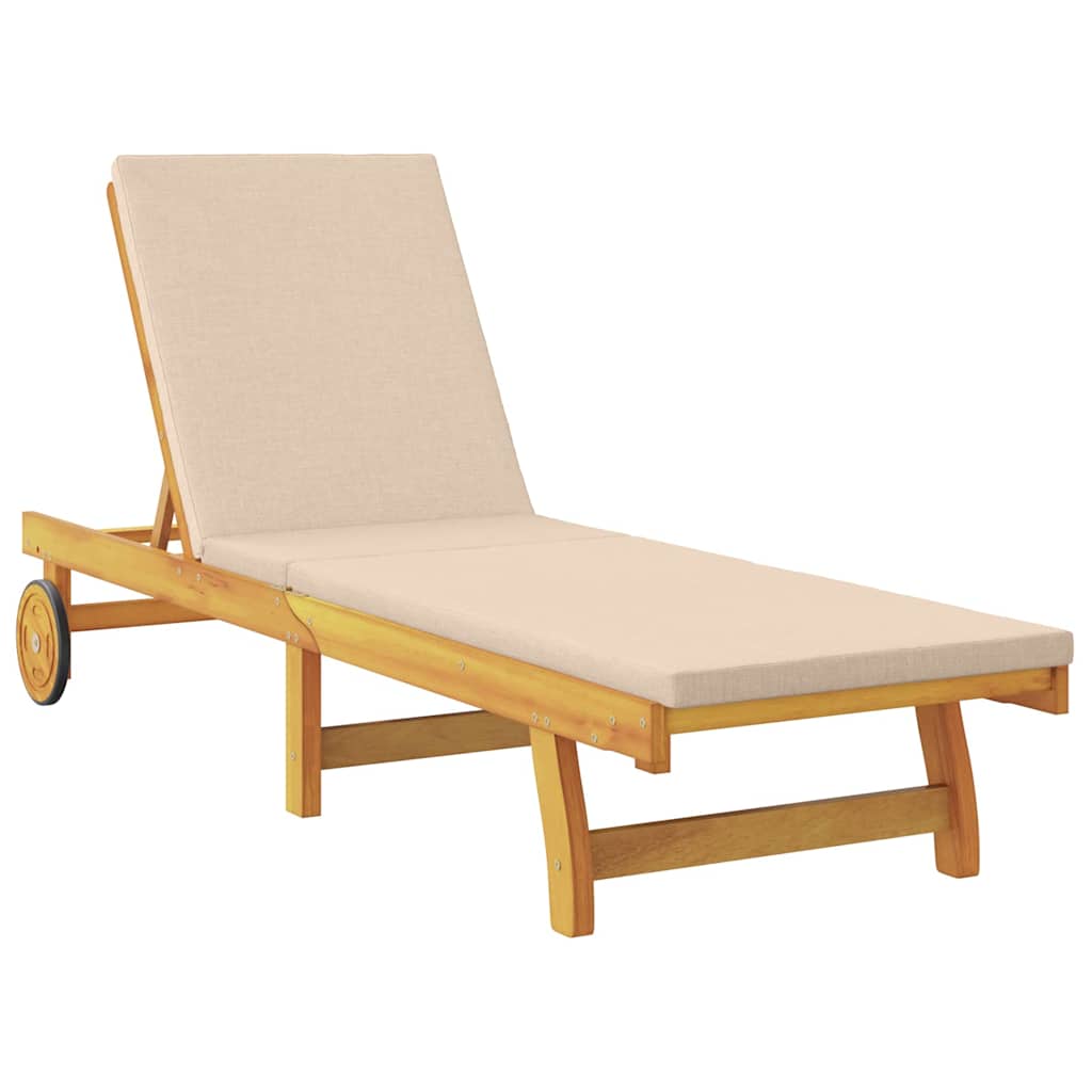 Sun Lounger Reclining with Cushion Beige Solid Acacia Wood