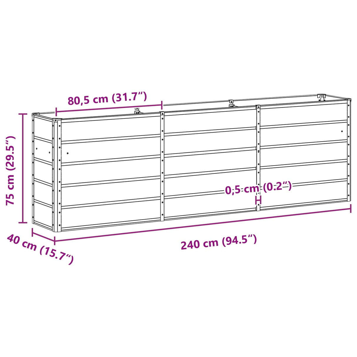Planter Light Grey 240 x 40 x 75 cm Steel