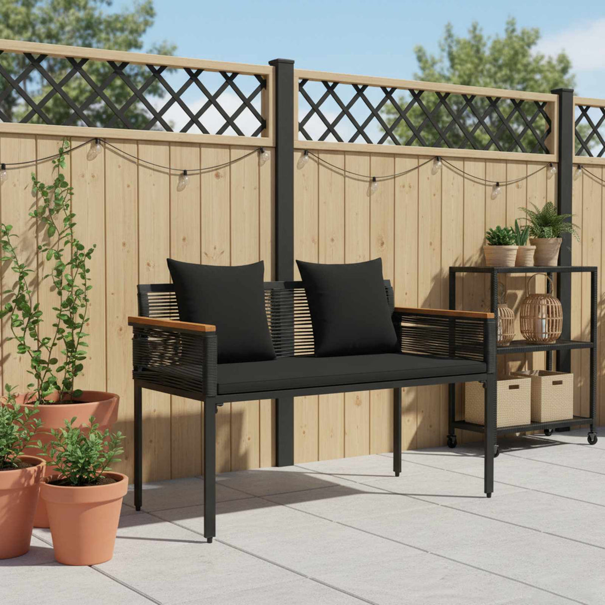 Outdoor Bench with Cushion Black 117 x 54 x 74.5 cm Poly Rattan