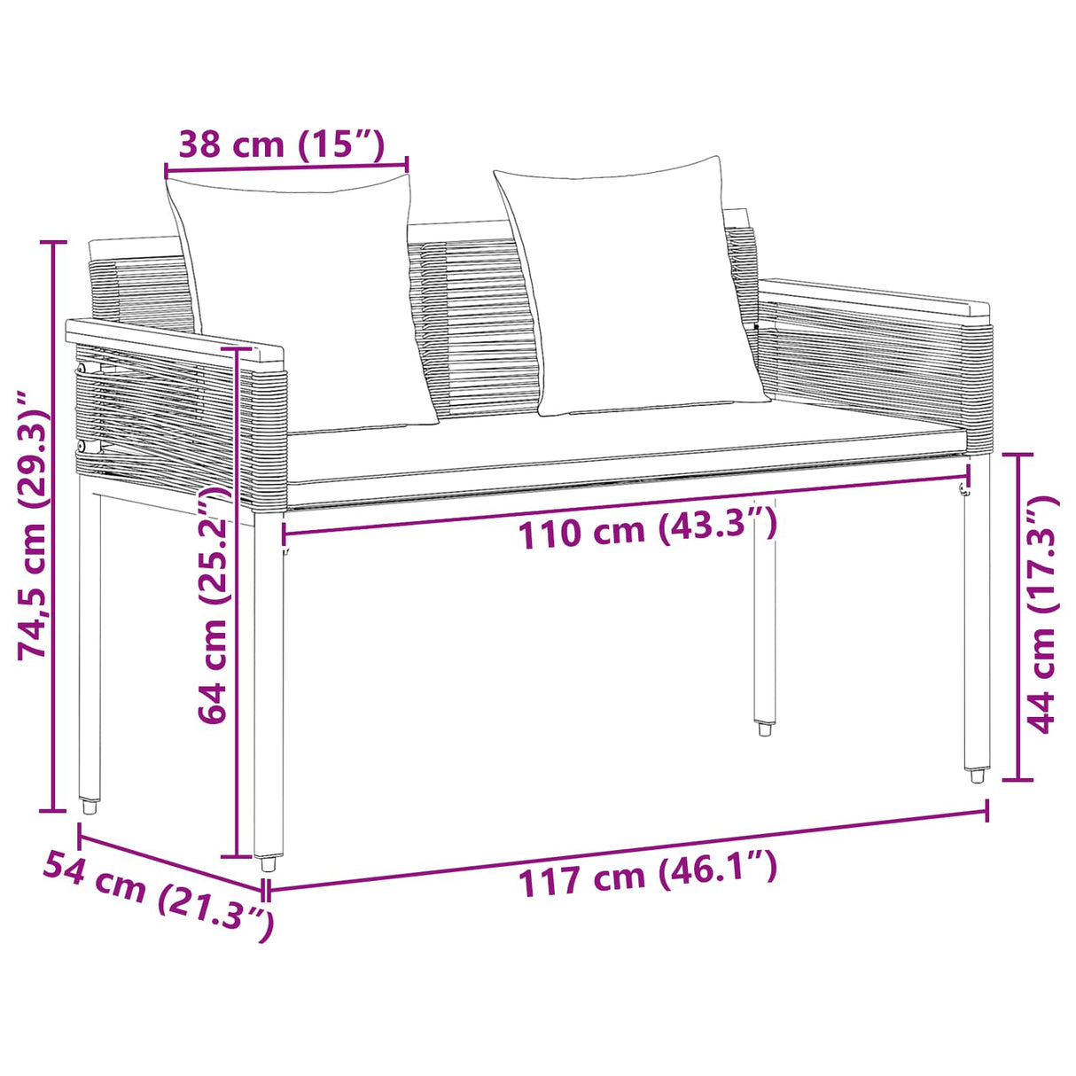 Outdoor Bench with Cushion Black 117 x 54 x 74.5 cm Poly Rattan