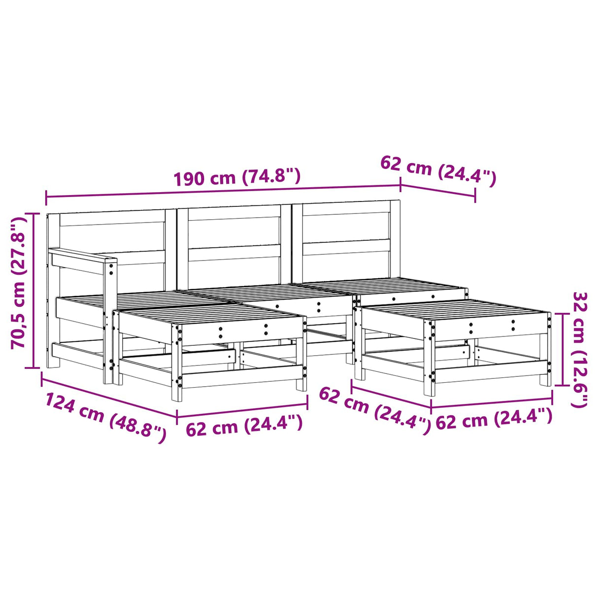 Garden Lounge Set 5 pcs Wax Brown Solid Pine Wood