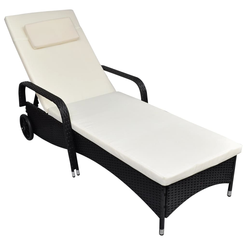 Sun Lounger with Wheels Poly Rattan Black