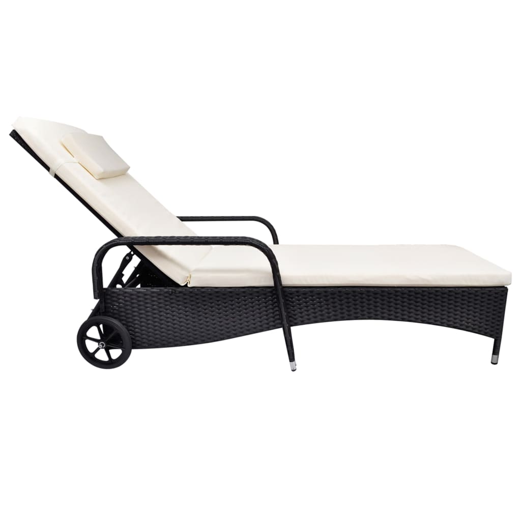 Sun Lounger with Wheels Poly Rattan Black