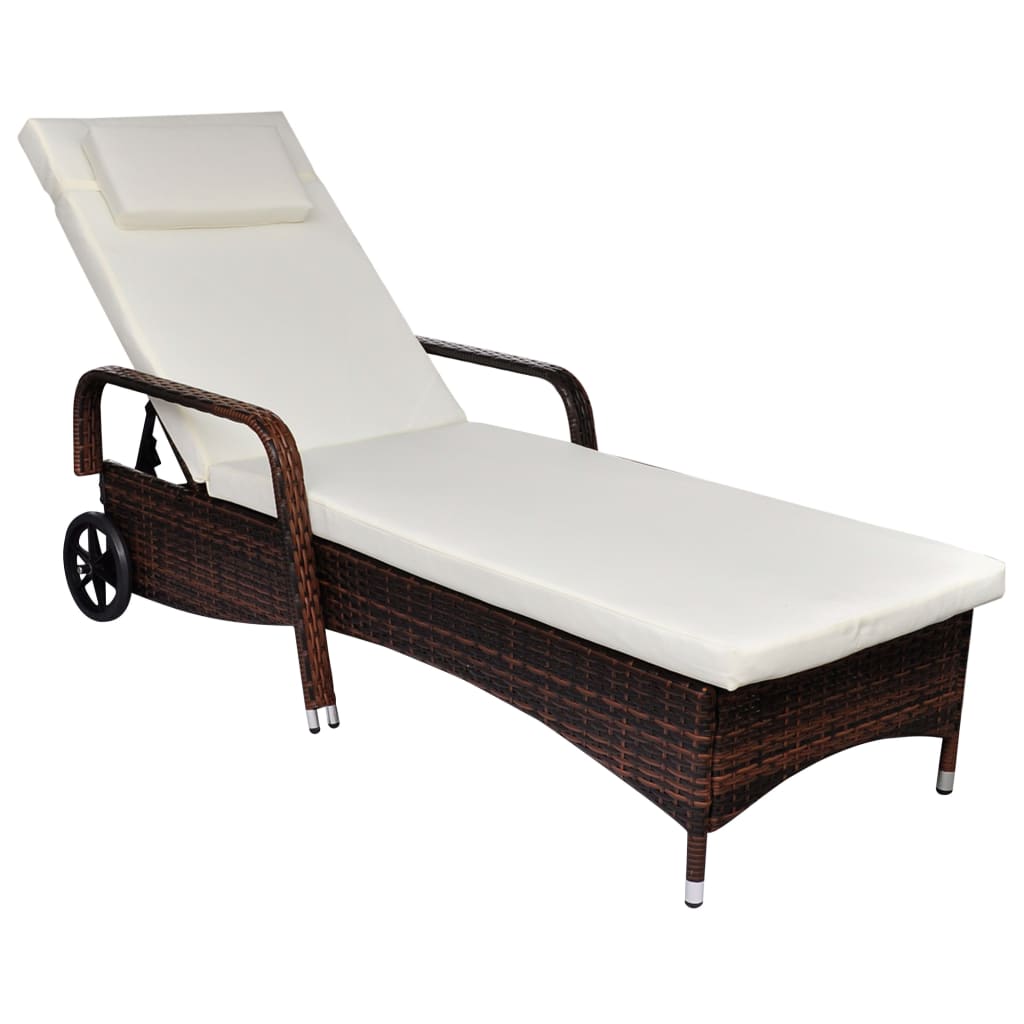 Sun Lounger with Wheels Poly Rattan Brown