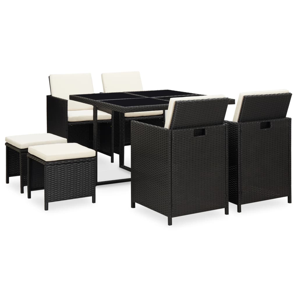 9 Piece Outdoor Dining Set with Cushions Poly Rattan Black