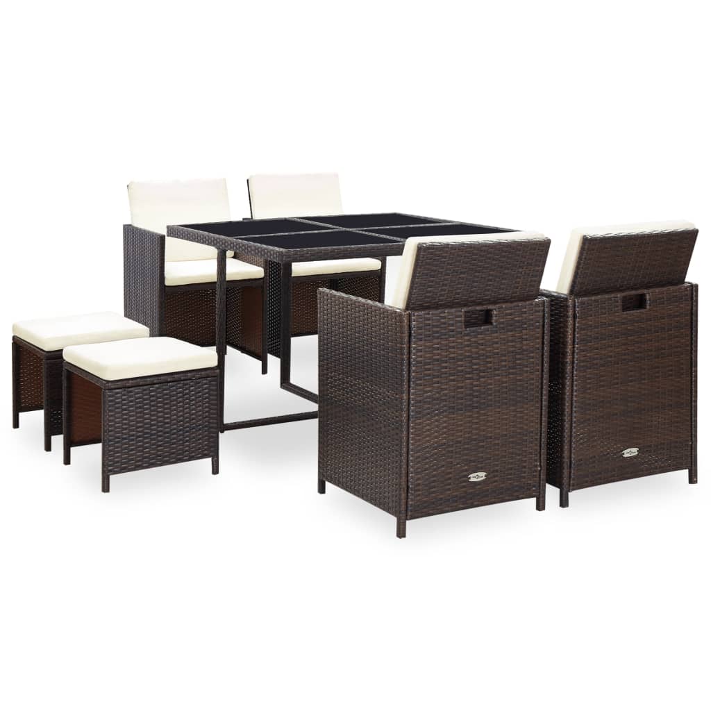 9 Piece Outdoor Dining Set with Cushions Poly Rattan Brown