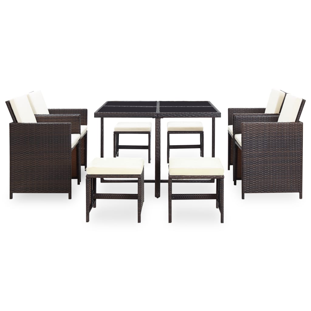 9 Piece Outdoor Dining Set with Cushions Poly Rattan Brown