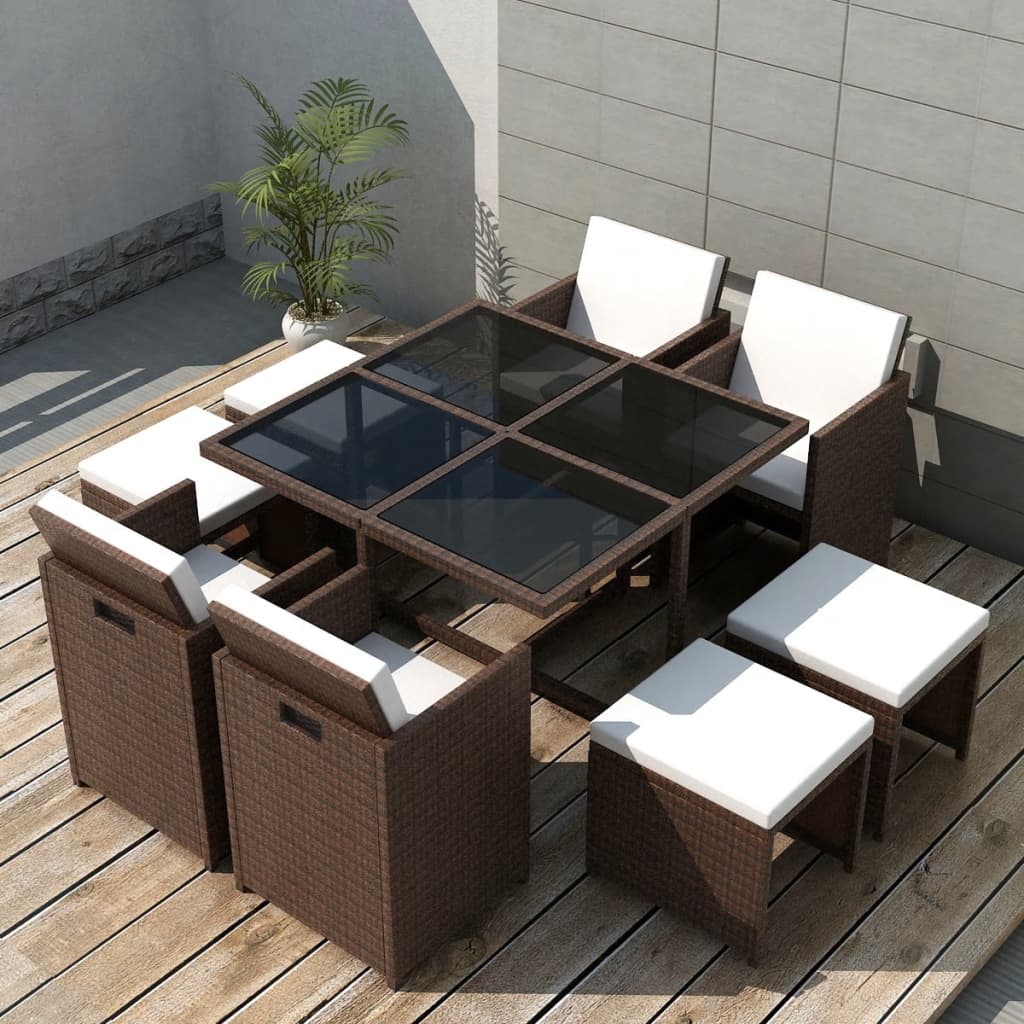 9 Piece Outdoor Dining Set with Cushions Poly Rattan Brown